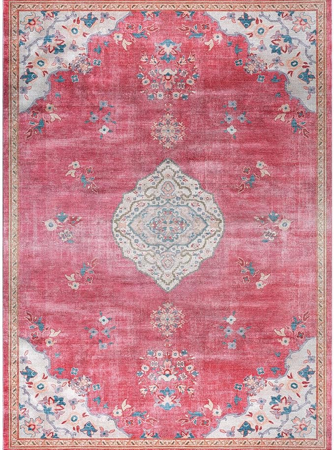 Beverly Rug Non Slip Rugs 5x7 Boho Medallion Floral Non Skid Rubber Backing Easy Silk Soft Area Rug for Living Room Easy to Clean Non Shedding Kitchen Bedroom Indoor Carpet (5 x 7 Fuchsia - Cream)