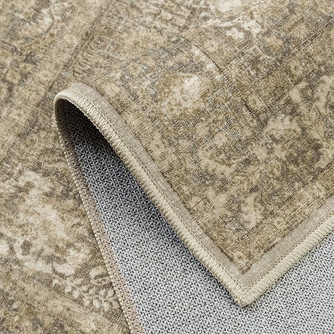 PureCozy Brown Area Rug 5x7 Machine Washable Vintage Living Room Distressed Non Slip Carpet Traditional Indoor Bedroom Retro Floral Accent Throw Large Rug Office Kitchen Bathroom Dining Room