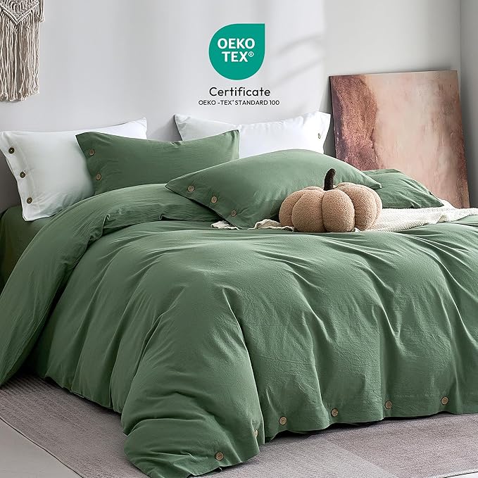 JELLYMONI 100% Washed Cotton Duvet Cover Twin – Soft, Breathable Linen-Look Bedding with Natural Wrinkle Texture, Button Closure, 2-Piece Set (Dusty Green, 68"x90")