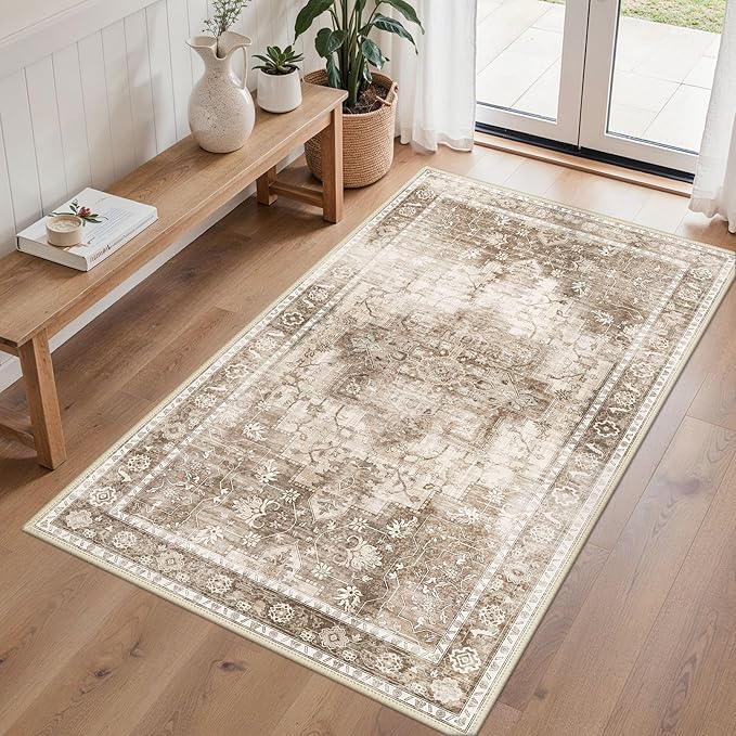 BESBLEE 3x5 Area Rugs for Living Room, Machine Washable Non Slip Vintage Rugs, Low Pile Lightweight Print Rug for Bedroom, Dining Room, Home Office, Latte Beige