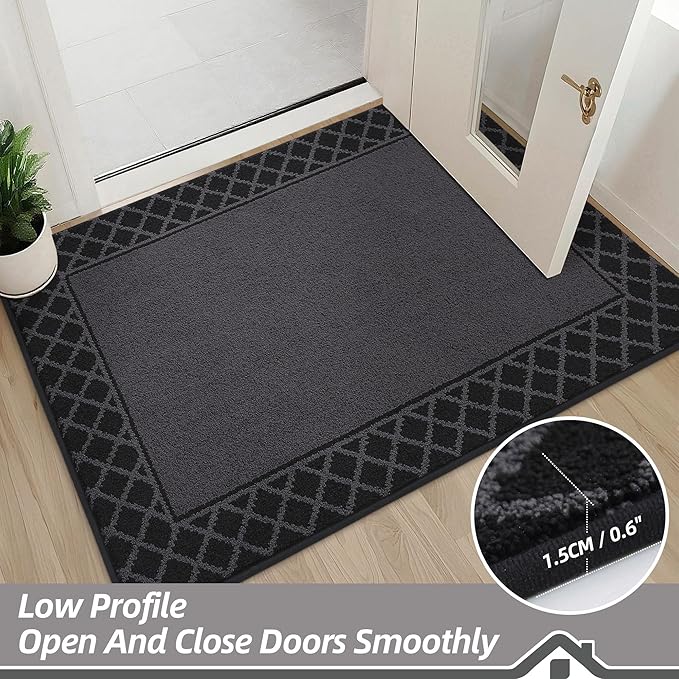 BEQHAUSE Door Mat Dirt Trapper Non Slip Entryway Rugs Absorbent Welcome Mat Low Profile Washable Front Door Mat for Muddy Paws,Entrance,Hallway, 32" x 48",Black