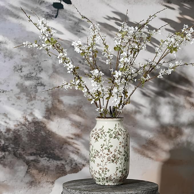 SIDUCAL Ceramic Vintage Pastoral Vase, 8.78 Inch Chinoiserie Floral Vase, Retro Ice Cracked Rustic Farmhouse Vases for Home Decor, Living Room, Bookshelf, Office, Tuscan Decor, Green and Brown Floral