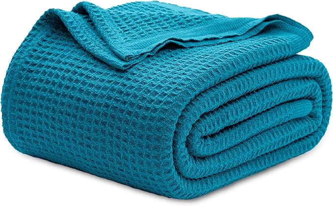 Bedsure Gentlesoft 100% Cotton Blanket Twin XL Size for College Dorm - Breathable and Soft for Spring Summer, Waffle Weave Twin Blanket for Bed, Dorm Room Essentials, Teal, 66x90 inches
