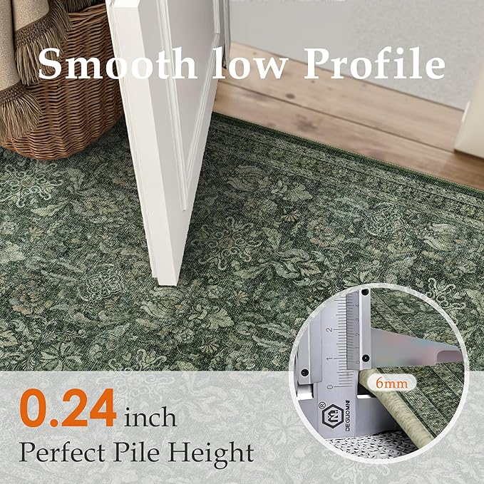 PureCozy Dark Green 2x6 Runner Rug Washable Hallway Kitchen Vintage Carpet Indoor Non Slip Small Low Plie Thin Bedroom Bathroom Rug Retro Accent Throw Dining Living Room