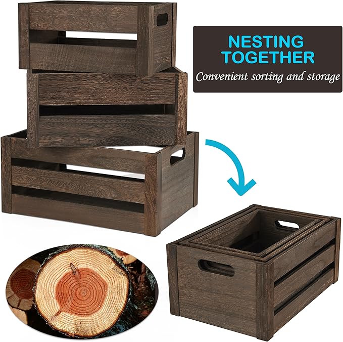 ELONG HOME 3 Pack Nesting Wooden Crates, Rustic Wood Basket with Handles, Decorative Farmhouse Wooden Storage Boxes