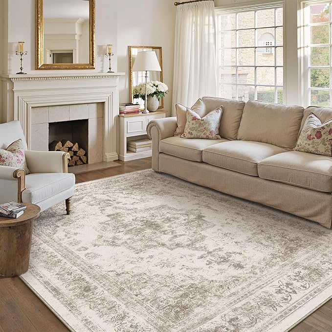 PureCozy Area Rug 8x10 Beige Washable Living Room Carpet Non Slip Vintage Medallion Indoor Bedroom Carpet Low Pile Soft Retro Distressed Large Rug Home Office Dining Room Playroom