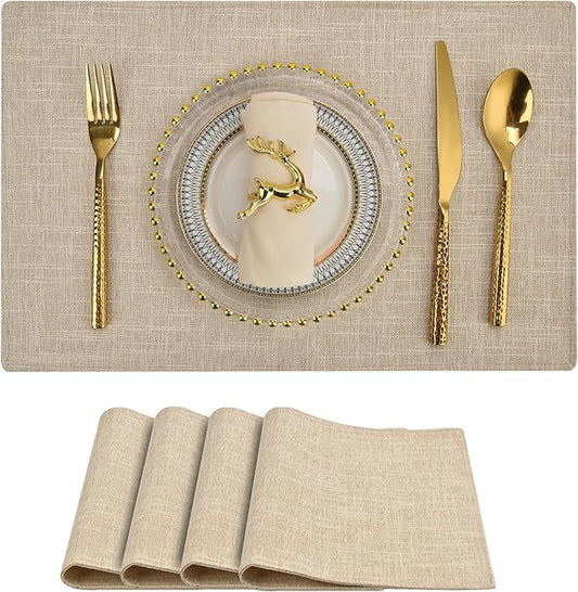 SLKQG Beige Linen Fabric Placemats Set of 4, Heat Resistant & Machine Washable Double-Layered Cloth Placemats for Dining Table, Indoor/Outdoor Use, Non-Slip Kitchen Table Mats (4, Beige Cream)