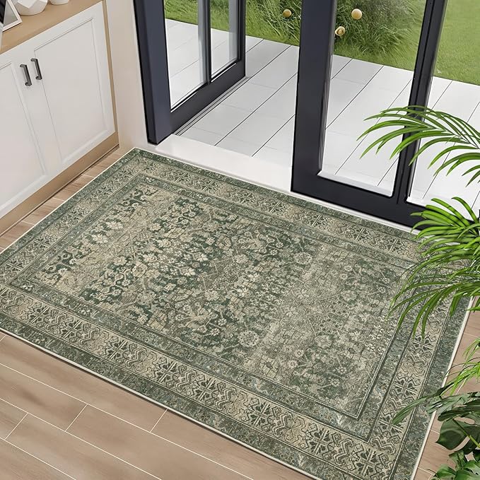 Dotiiorug Vintage Washable Area Rug for Living Room,Low Pile 8x10 Non Slip Carpet Non-Shedding Area Rug Soft Indoor Stain Resistant Rug Floral Print Mat for Bedroom Dining Room Green