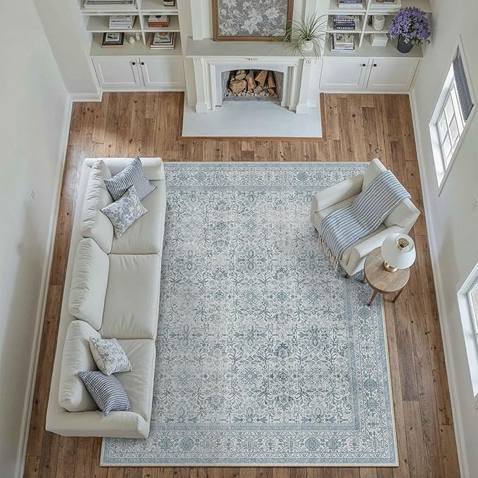 PureCozy Area Rug 6x9 Blue Washable Living Room Carpet Soft Non Slip Vintage Bedroom Indoor Office Traditional Retro Distressed Large Thicker Throw Rug for Dining Room Kitchen Playroom