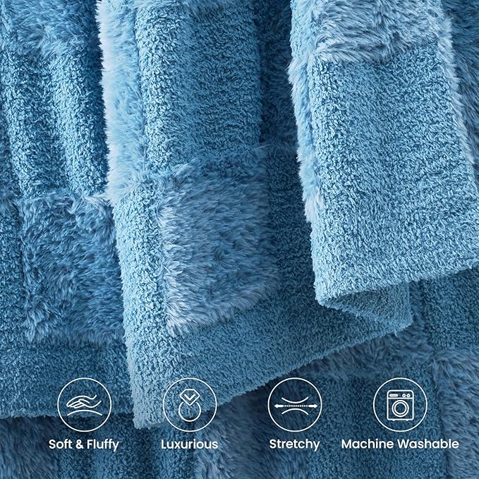 Snuggle Sac Faux Fur Throw Blanket for Couch,Knitted with Microfiber Fancy Yarn Blanket, Cozy Soft Warm Blankets for Sofa, Bedroom, Living Room, Solid Blue,50x60 inches