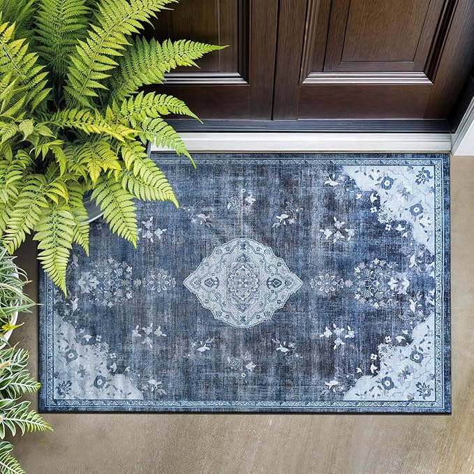 Beverly Rug Non Slip Rugs 2x3 Boho Medallion Floral Non Skid Rubber Backing Easy Silk Soft Entryway Rug for Living Room Easy to Clean Non Shedding Kitchen Bedroom Indoor Carpet (2 x 3 Blue - Gray)