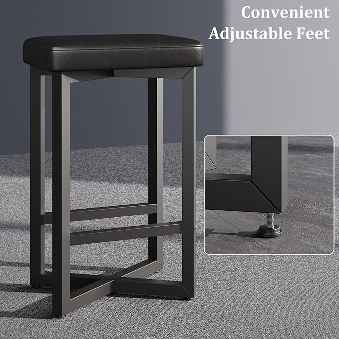 IDEALHOUSE Bar Stools Set of 4, 24.6" Counter Height Backless Barstools, Upholstered PU Leather Seats with Metal X-Frame & Footrest, Modern Kitchen Stools for Home Bar, Dining Room, Black