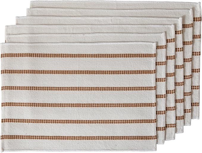 Caflife Boho Farmhouse Placemats Set of 6, Brown Stripes Cotton Linen Woven Table Mats for Modern Dining Table, 13x19 Inch Rustic Kitchen Decor Place Mats
