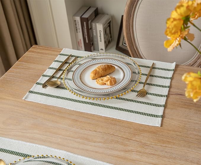 Caflife Boho Farmhouse Placemats Set of 4, Green Beige Stripes Cotton Linen Woven Table Mats for Modern Dining Table, 13x19 Inch Rustic Kitchen Decor Place Mats