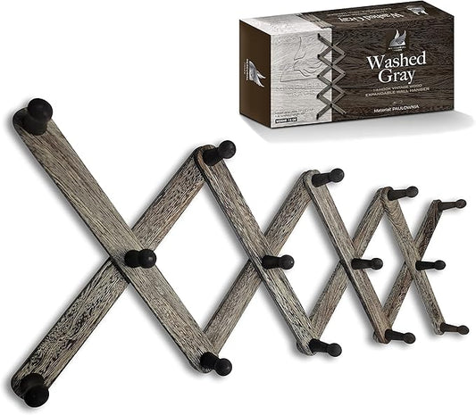 Expandable Wooden Coat Rack Hanger - Accordion Wall Hanger with Expanding Wall Pegs | Hand Made Vintage Wooden Hat Rack for Wall | Hang Coat, Jacket, Hat | Wall Rack – 14 Hook, Washed Gray