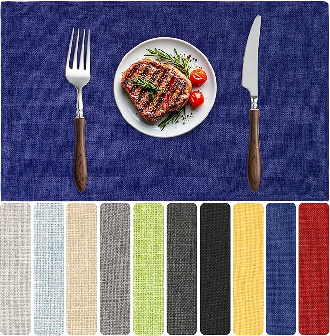 Blue Forest Placemats Set of 6, Dual-Layered Thickened Faux Linen Table Mats Heat Resistant Machine Washable Wrinkle Free Place Mats for Kitchen Dining Outdoor/Indoor (NavyBlue)