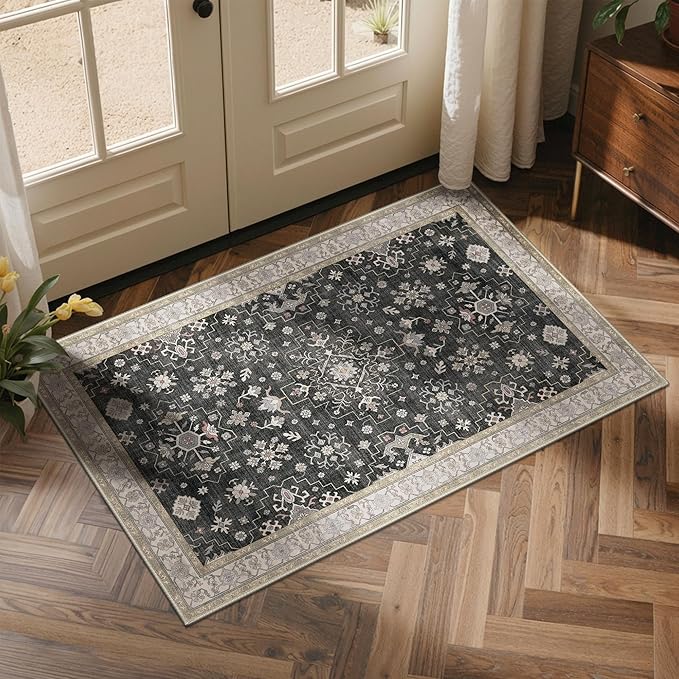GENIMO 4x6 Area Rugs for Living Room,Machine Washable Non-Slip Vintage Rug, Low Pile Lightweight Carpet for Bedroom, Dining Room, Home Office, Stain & Fade Resistant,Black