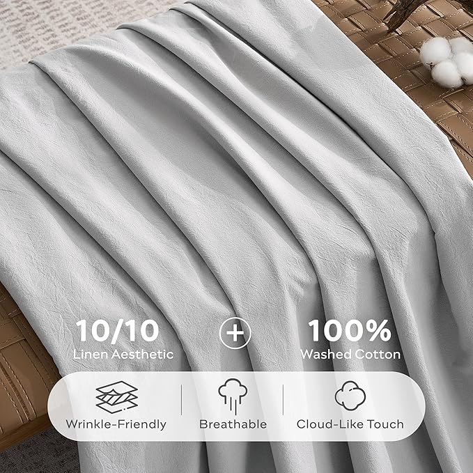 JELLYMONI 100% Washed Cotton Duvet Cover Twin – Soft, Breathable Linen-Look Bedding with Natural Wrinkle Texture, Button Closure, 2-Piece Set (Pale Grey, 68"x90")