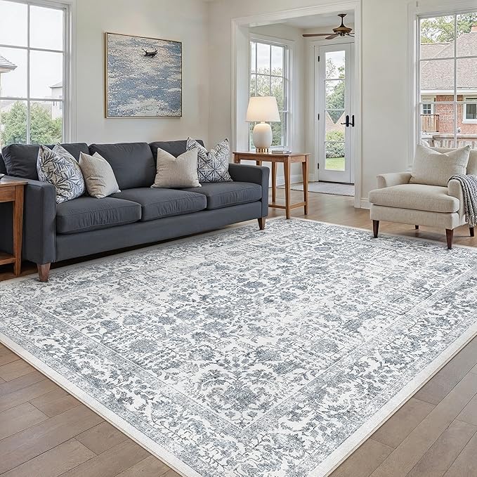 PureCozy Navy Blue Area Rug 5x8 Machine Washable Vintage Living Room Distressed Non Slip Carpet Traditional Indoor Bedroom Retro Floral Accent Throw Large Rug for Office Kitchen Bathroom Dining Room