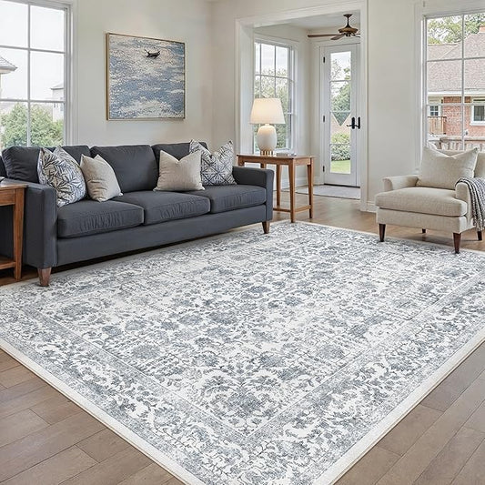 PureCozy Navy Blue Area Rug 5x8 Machine Washable Vintage Living Room Distressed Non Slip Carpet Traditional Indoor Bedroom Retro Floral Accent Throw Large Rug for Office Kitchen Bathroom Dining Room