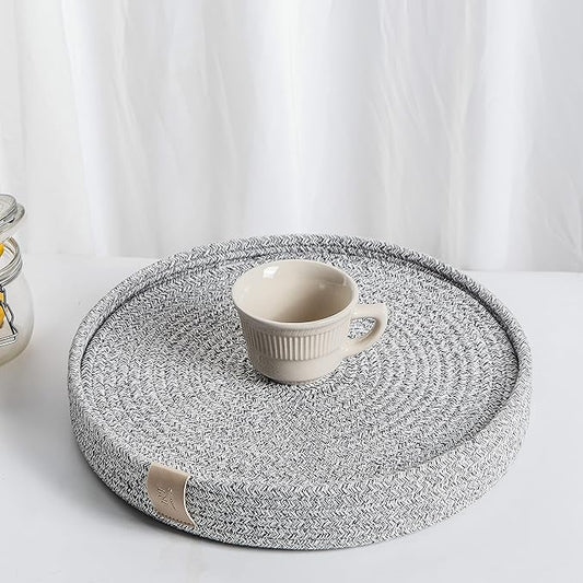 Art PineCone's Woven Cotton Rope Round Placemats Set of 4 with Holder Included, Non-Slip, and Heat Resistant Shabby Chic Placemats (Heather Gray, 13 inch)