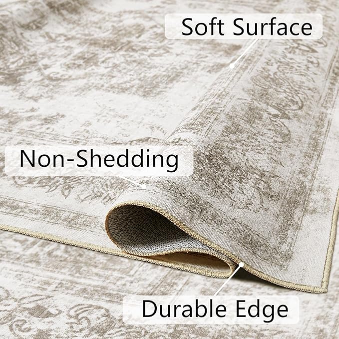PureCozy Runner Rug 2x7 Beige Hallway Washable Carpet Non Slip Vintage Medallion Carpet Low Pile Soft Distressed Retro Indoor Long Rug for Entryway Kitchen Bathroom Laundry Bedroom