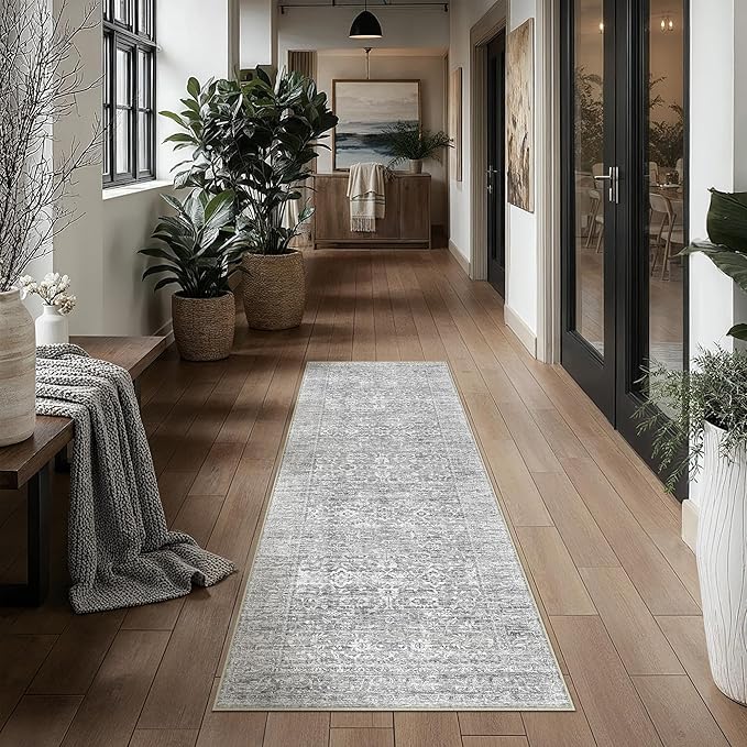 PureCozy 2x6 Runner Rug Gray Machine Washable Hallway Kitchen Vintage Distressed Non Slip Carpet Indoor Small Long Low Pile Thin Bedroom Bathroom Retro Accent Throw Rug Laundry Living Room