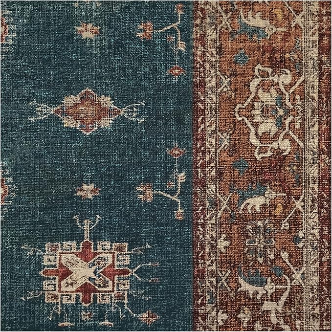 RUGGABLE Washable Vintage Area Rug – Verena Teal Blue 2x3, Stain-Resistant, Non-Slip – Small Machine Washable Rugs for Living Room, Bedroom, Hallway, Entryway & Bathroom–with Standard Pad