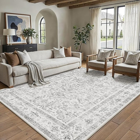 PureCozy Grey 5x7 Area Rug Vintage Washable Living Room Carpet Non Slip Bedroom Indoor Office Low Pile Traditional Distressed Retro Accent Rug for Dining Room Bathroom Kitchen