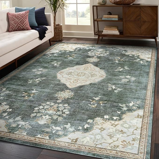 Beverly Rug Non Slip Rugs 5x7 Boho Medallion Floral Non Skid Rubber Backing Easy Silk Soft Area Rug for Living Room Easy to Clean Non Shedding Kitchen Bedroom Indoor Carpet (5 x 7 Green - Cream)