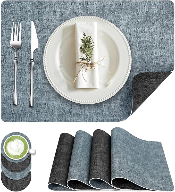 Placemats Set of 4, Faux Leather Heat Resistant Wipeable Placemats, Dual Sided Waterproof Washable Table Mats with Coaster, Suitable for Kitchen, Dining, Table Decor (4, Black Light Blue)