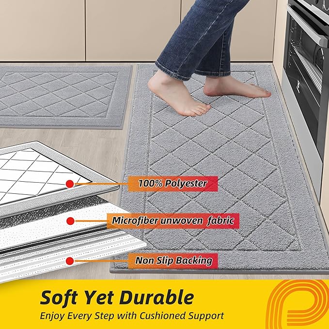 JSEI Non-Slip Kitchen Rugs, Self Adhesive No Sliding Kitchen Mats Set of 2, Soft Washable Absorbent Floor Mat for Kitchen, Bathroom, Laundry Room, Bedroom, 20”x32”+32”x48”, Light Grey, Diamond Pattern