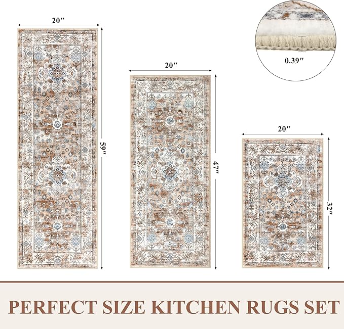 Pauwer Kitchen Rugs Sets of 3 Non Slip Washable Kitchen Mats for Floor Farmhouse Kitchen Floor Mat Runner Rug Boho Kitchen Sink Rug Carpet for Kitchen Hallway Laundry Room, Vintage Cream Tan