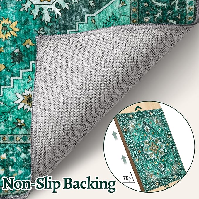 Tangsoo 8x10 Area Rug for Living Room, Washable Vintage Rug Indoor Non Slip Large, Print Distressed Emerald Carpet, Soft Low Pile Foldable Floor Rugs for Bedroom Dining Room Dorm