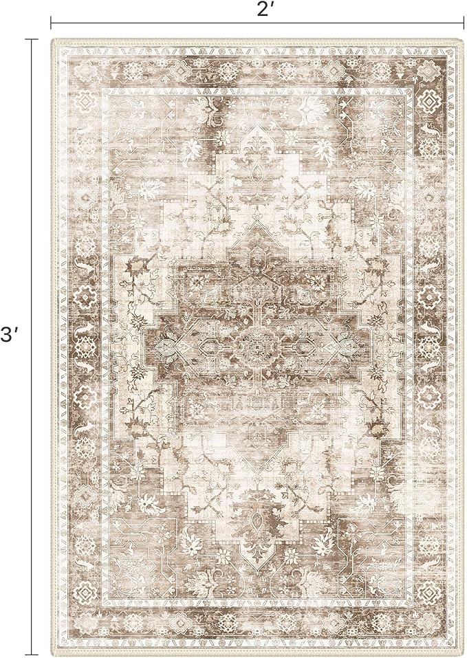 BESBLEE Area Rug 2x3 Doormat, Machine Washable Low Pile Vintage Rugs, Small Lightweight Rug Entryway Indoor Mat for Entrance, Hallway, Kitchen and Corridor, Latte Beige