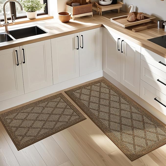 COSY HOMEER Kitchen Mats, 2 PCS Kitchen Rug Non Slip Washable, Absorbent Runner Rugs for Kitchen Floor, 100% Polypropylene Kitchen Sink Rug 20"x32" + 20"x48"(Brown)