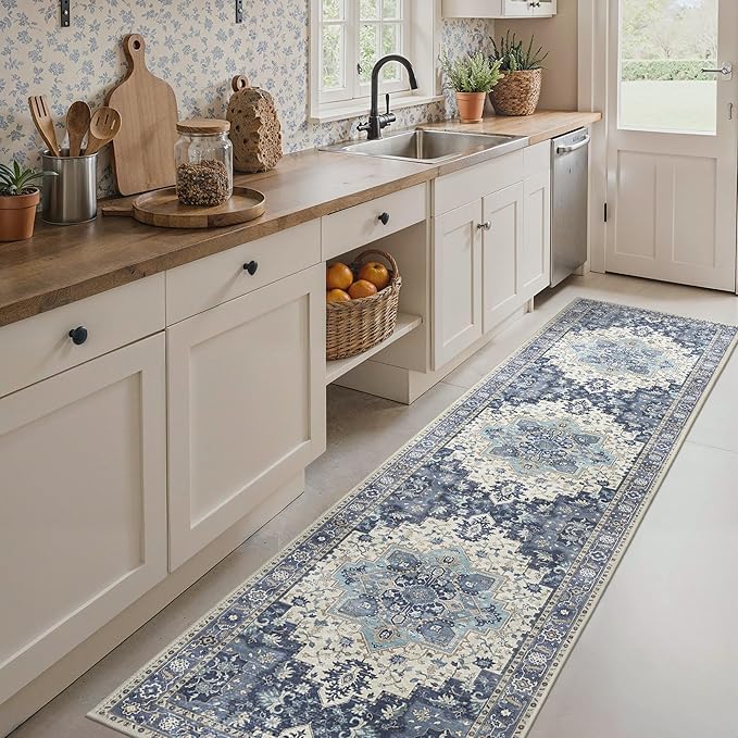 BESBLEE 2'6''x10 Runner Rugs for Hallway, Machine Washable Non Slip Vintage Rugs, Low Pile Lightweight Soft Print Rug for enrtyway, Corridor, Home Office, Kitchen, Center Blue