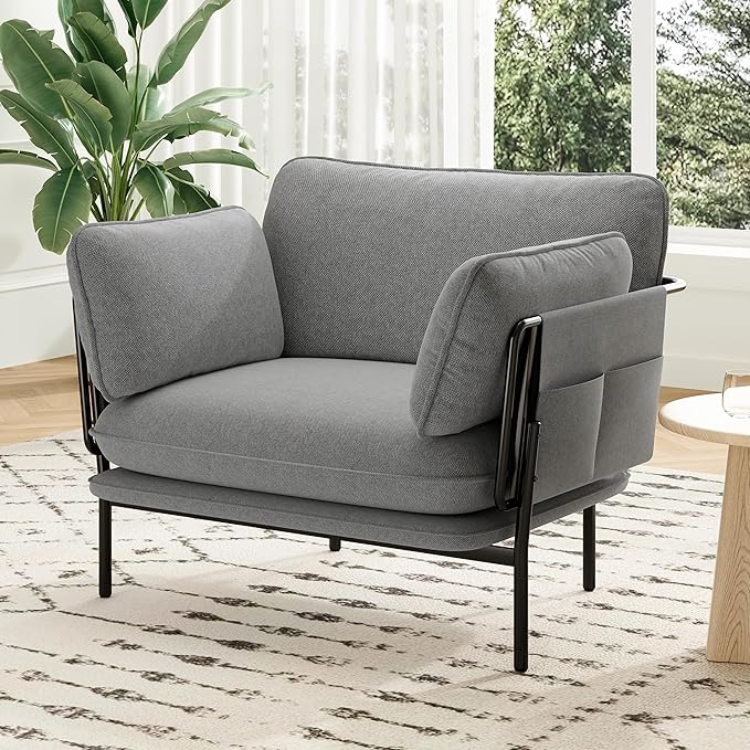 AYEASY Accent Chair, Oversized Living Room Chairs, Modern Armchair with Side Storage Pockets, Cozy Reading Chair with 2 Soft Pillow, Comfy Fabric Single Sofa Chair for Nursery, Bedroom, Blue Gray
