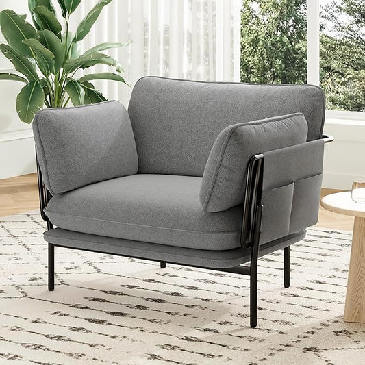 AYEASY Accent Chair, Oversized Living Room Chairs, Modern Armchair with Side Storage Pockets, Cozy Reading Chair with 2 Soft Pillow, Comfy Fabric Single Sofa Chair for Nursery, Bedroom, Blue Gray