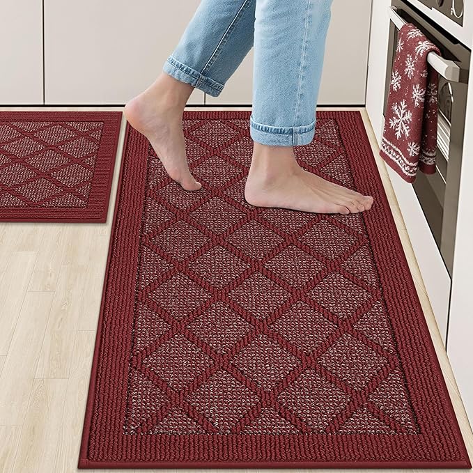 COSY HOMEER Kitchen Mats, 2 PCS Kitchen Rug Non Slip Washable, Absorbent Runner Rugs for Kitchen Floor, 100% Polypropylene Kitchen Sink Rug 20"x32" + 20"x48"(Red)
