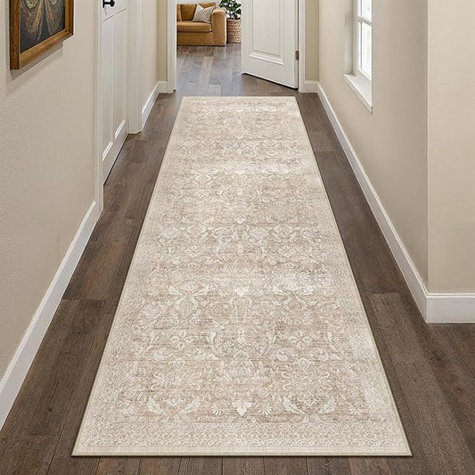 PureCozy 2x8 Runner Rug Washable Beige Vintage Hallway Kitchen Carpet Indoor Non Slip Small Low Plie Thin Bedroom Bathroom Rug Retro Accent Throw Dining Living Room