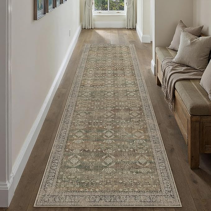PureCozy 2x8 Brown Area Rug Runners for Hallways Washable Vintage Distressed Carpet Low Pile Non Slip Indoor Retro Soft Long Accent Rug Bedroom Kitchen Bathroom Laundry Dining Living Room
