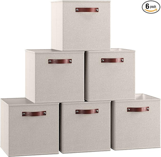 Ornavo Home 13 x 13 Storage Cube Bins, Foldable Collapsible Fabric Storage Bins Box Linen Shelf Basket Cube Organizer for Closet with Leather Handles, 6 Pack, Beige