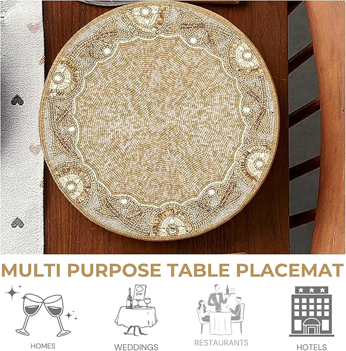 Gold & Silver Beaded Round Placemats - 13 in, Perfect for Holidays & Dining Tables, Glitz Charger Included