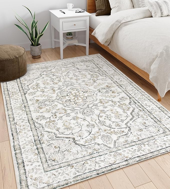 Lahome Beige Area Rug 5x7 Non Slip Washable Oriental Traditional Distressed Rugs for Bedroom Soft Low Pile Neutral Modern Farmhouse Decor Vintage Living Room Indoor Floor Accent Carpet