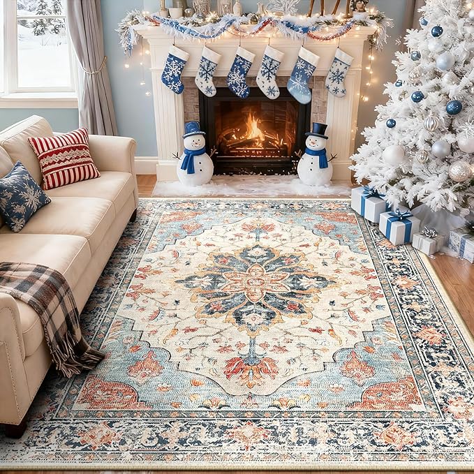 RELEANY Area Rugs 6'x9' Washable Non-Slip, Floral Vintage Distress Print Pattern Medallion Carpet for Living Room Bedroom Dining Room, Beige Navy Blue Orange Colorful