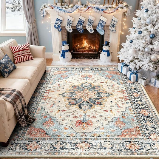RELEANY Area Rugs 6'x9' Washable Non-Slip, Floral Vintage Distress Print Pattern Medallion Carpet for Living Room Bedroom Dining Room, Beige Navy Blue Orange Colorful