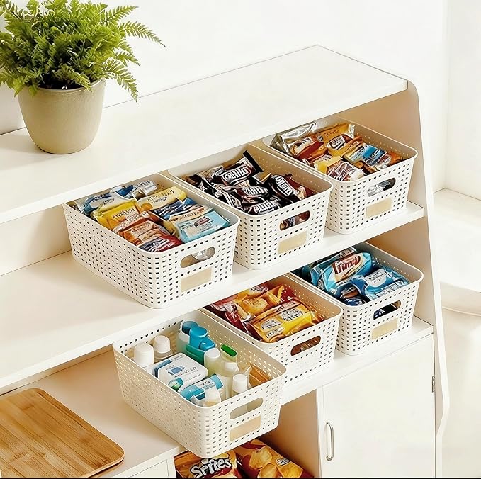 Plastic Storage Bins with Bamboo Lid - Stackable Pantry Storage Organizer with Lid - Storage Basket with Lable for Organizing: Small Storage Box for Shelves Cabinet Office Drawer Desktop 10x7x4in 6Pcs