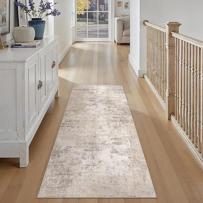 WondRg 2'6x8 Washable Runner Rug Beige Grey Abstract Hallway Kitchen Throw Rug Neutral Modern Non Slip Soft Low Pile Carpet for Bathroom Laundry Bedroom Living Room