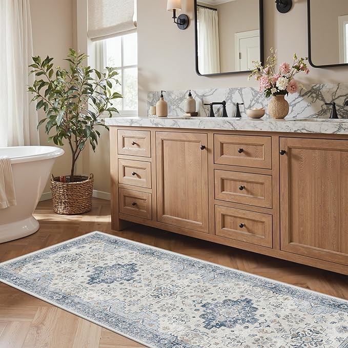 GENIMO 2'6''x6 Runner Rug,Machine Washable Non-Slip Vintage Rugs,Low Pile Lightweight Carpet for Bedroom,Hallway,Entryway,Kitchen,Bathroom,Blue